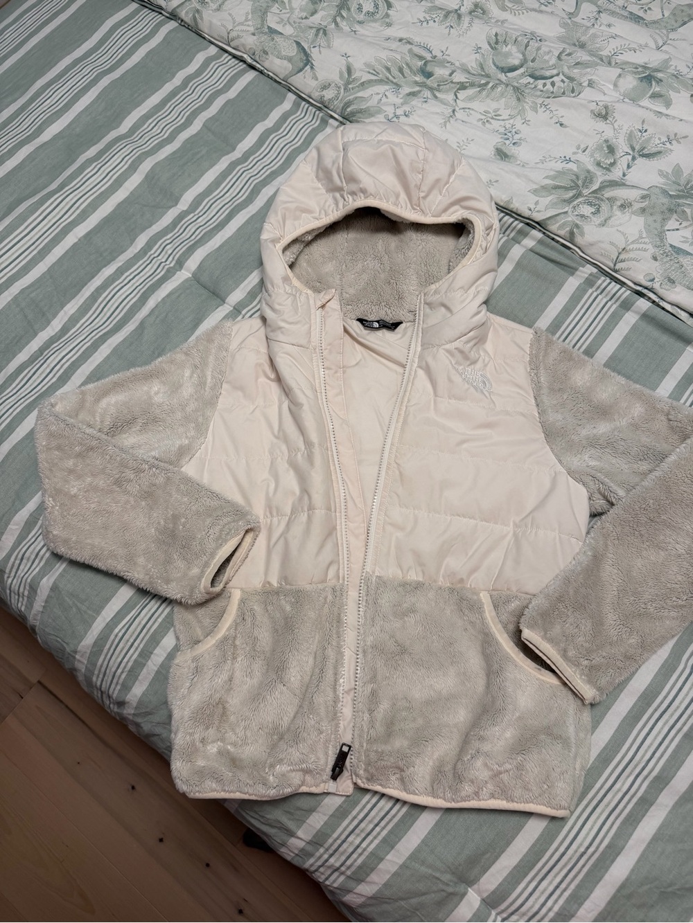 The North Face Cream Quilted Puffer Jacket with Sherpa Trim